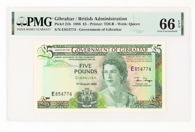 GIBRALTAR Cebelitarik 5 Pounds 1988 Pick#21b PMG 66 EPQ sertifikali çil banknot
