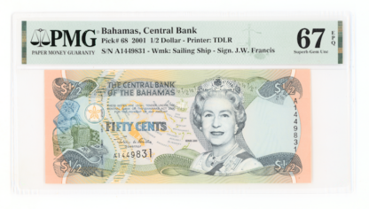 BAHAMAS 1/2 Dollar 2001 Pick#68 PMG 67 EPQ - UNC *çil banknot