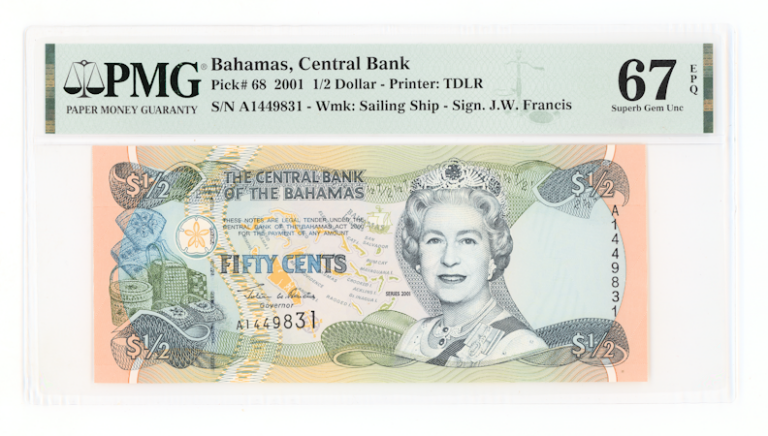 BAHAMAS 1/2 Dollar 2001 Pick#68 PMG 67 EPQ - UNC *çil banknot