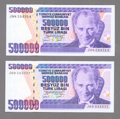 7. Emisyon 1000 Lira 2. Tertip Pick # 196 Serie J69 + J88 farklı filigran *TAKIM UNC - çil 2 adet banknot