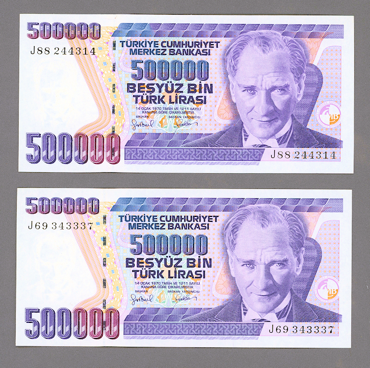 7. Emisyon 1000 Lira 2. Tertip Pick # 196 Serie J69 + J88 farklı filigran *TAKIM UNC - çil 2 adet banknot