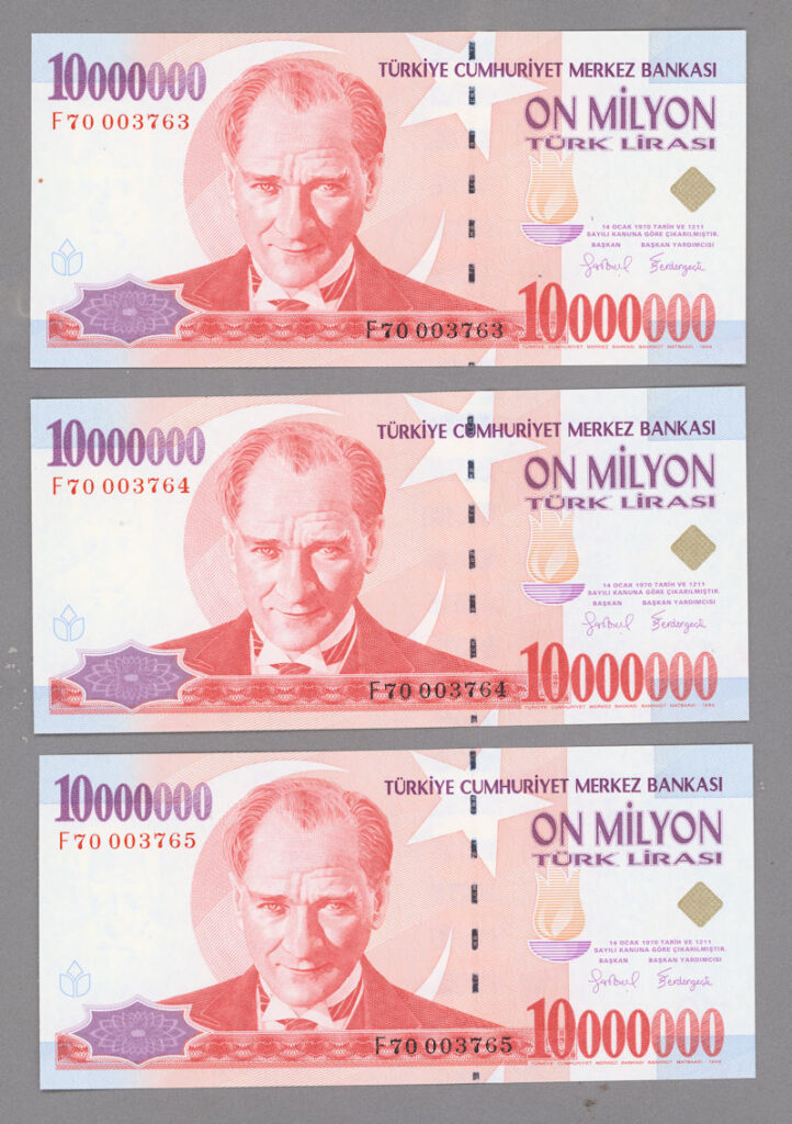 7. Emisyon 1. Tertip 10 000 000 Türk Lirası 1999-2006 seritakipli F70 üç adet çil UNC