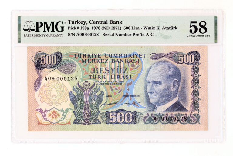 6. Emisyon 500 Lira 1970/71 Pick # 190a PMG 58 aUNC *çilaltı - Seri A09000128