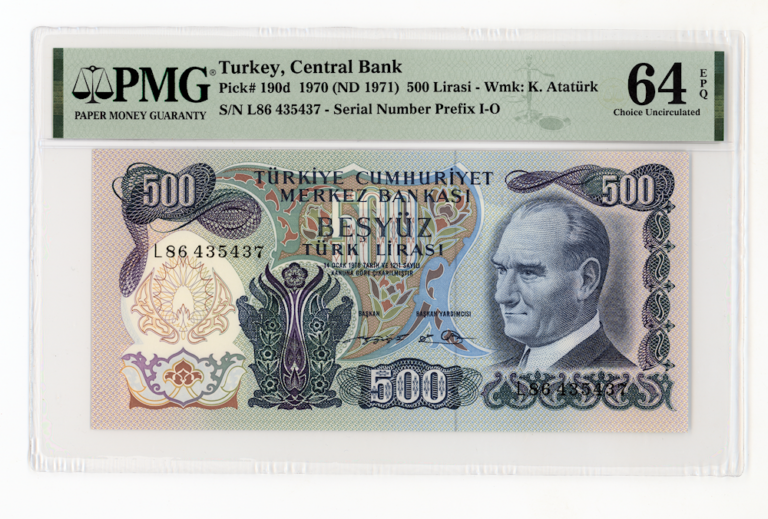 6. Emisyon 500 Lira 1970/71 Pick # 190 PMG 64 EPQ - UNC Seri L86