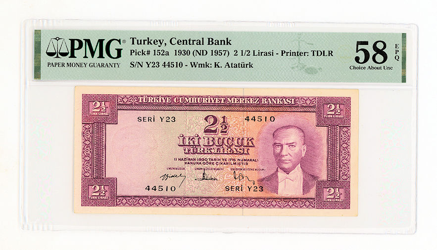 5. Emisyon 2 Buçuk Lira 2. Tertip Pick # 152a Serie Y23 PMG 58 EPQ - aUNC *çilaltı