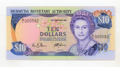 BERMUDA 1989 YILI 10 DOLAR ÇİL 000592 DÜŞÜK SERİ NUMARALI / KRALİÇE
