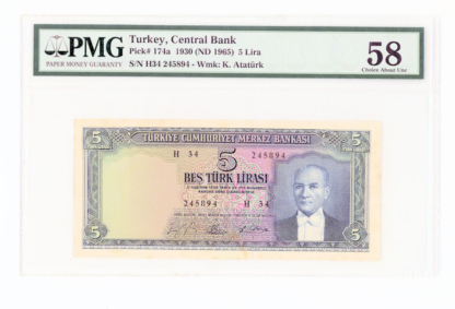 5. Emisyon 5 Lira 1961-65 TURKEY Pick # 174a PMG 58 aUNC *çilaltı