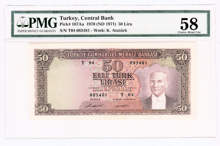 5. Emisyon 50 Lira (1971-79)  7. Tertip Pick # 187Aa PMG 58 - aUNC *çilaltı