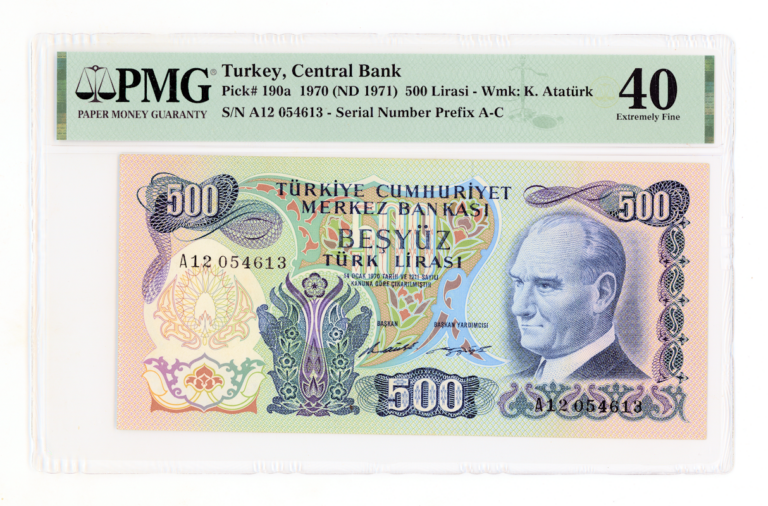 6. Emisyon 500 Lira 1970/71 Pick # 190a PMG 40 EF *ççt - Seri A12
