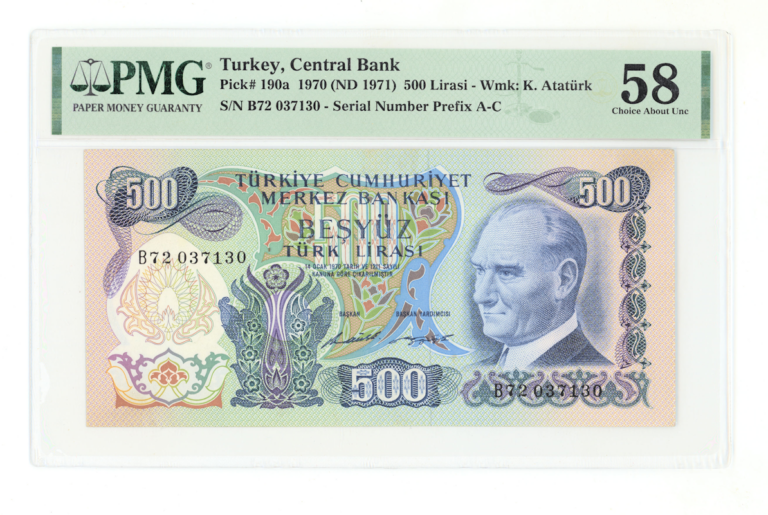 6. Emisyon 500 Lira 1970/71 Pick # 190a PMG 58 aUNC *çilaltı - Seri B72