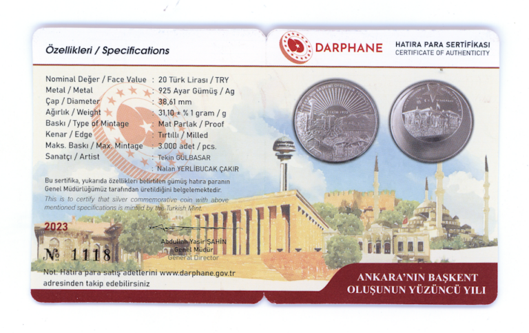 Ankara`nın başkent oluşunun 100. yılı 2023 Darphane gümüş hatıra parası SERTIFKALI - Görsel 3