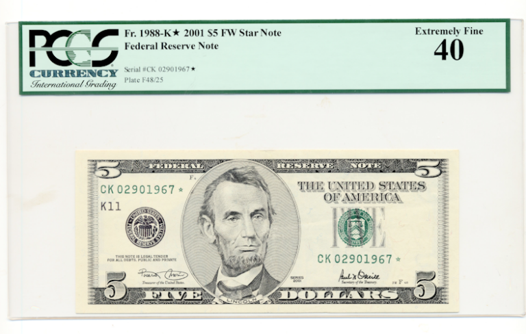 U.S.A. 5 Dollars 2001 FW Star Note PCGS 40 EF *ççt
