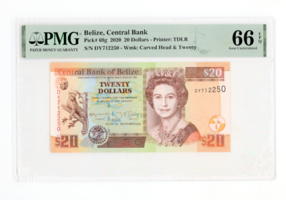 BELIZE 20 Dollars 2020 Pick#69g PMG 66 EPQ - UNC çil banknmpt sertifikali - Kraliçe *SATILDI - OUT OF STOCK