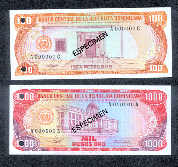 DOMINICANA 100 + 1000 Pesos Oro SPECIMEN – UNC