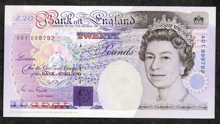 Great Britain 20 Pounds ND (1991-93) Pick#384a w/ Queen UNC