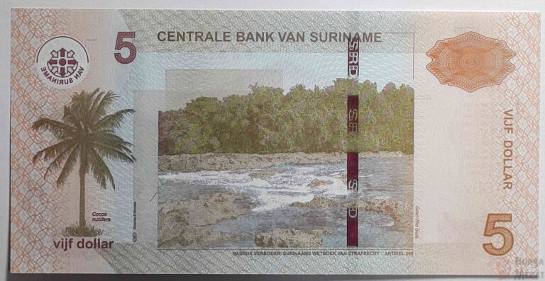 SURINAME Central Bank 5 Dollars 2012 UNC - çil banknot - Görsel 2
