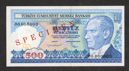 500 Lira 7.Emisyon 1. Tertip SPECIMEN Pick # 195s aUNC - Çilaltı Banknot