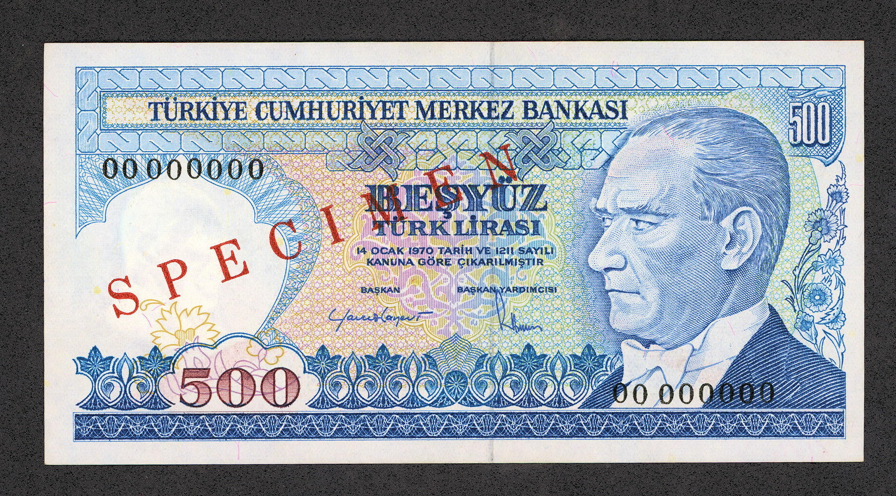 500 Lira 7.Emisyon 1. Tertip SPECIMEN Pick # 195s aUNC - Çilaltı Banknot