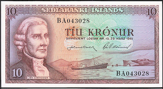 iZLANDA Iceland Island 10 Krönur 1961 - UNC çil banknot