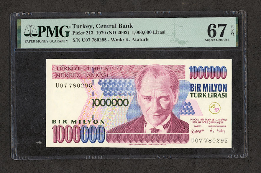 7. Emisyon 1 000 000 Türk Lirası ND 2002 Pick#213 PMG 67 EPQ - UNC