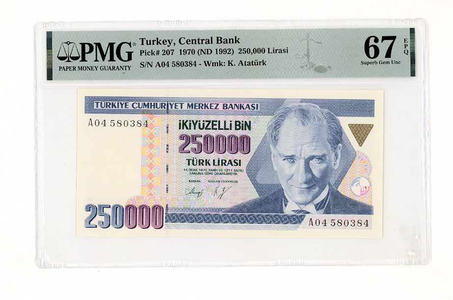 7. Emisyon 250 000 Türk Lirası ND 1992 Pick#207 PMG 67 EPQ - UNC