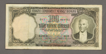5.Emisyon 100 Lira 3. Tertip 1958-76 Pick # 169a serial O12 çt banknot *SATILDI - OUT OF STOCK