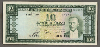 5. Emisyon 10 Lira 1952-1966 Pick#157a EF – 5. Emisyon 2. Tertip *ççt banknot