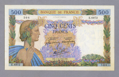 FRANSA FRANCE 500 Francs 1942 UNC banknot çil