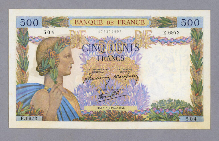 FRANSA FRANCE 500 Francs 1942 UNC banknot çil