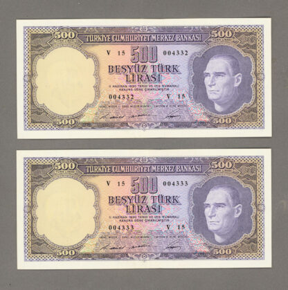 5. Emisyon 4. Tertip 2 adet seri takipli 500 Lira 1968-1976 Pick#183 *EF/VF -  *ççt-çt
