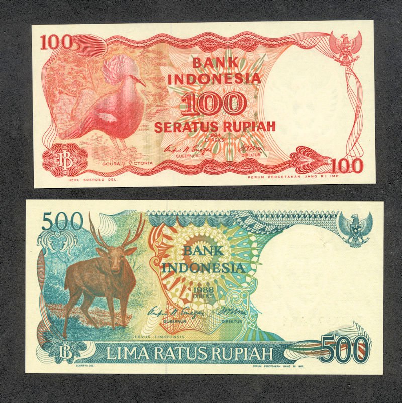 INDONESIA 100 + 500 Rupiah UNC - çil banknot