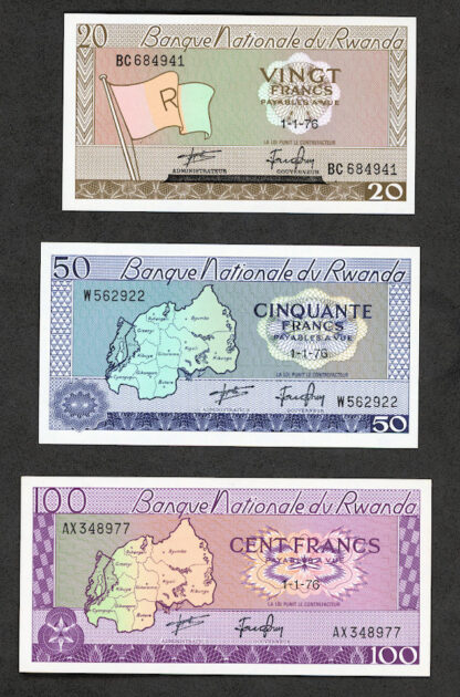 RWANDA 20,50,100 Amafranga 1976 UNC