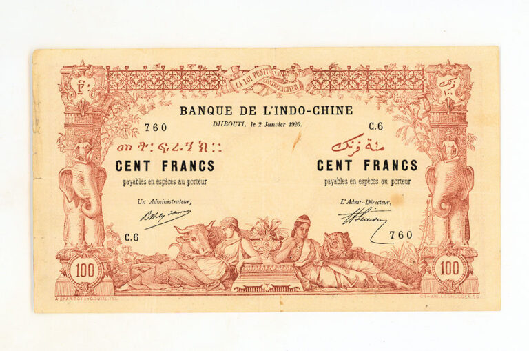 DJIBOUTI Banque de Lindo-Chine 100 Francs 1920 vf+