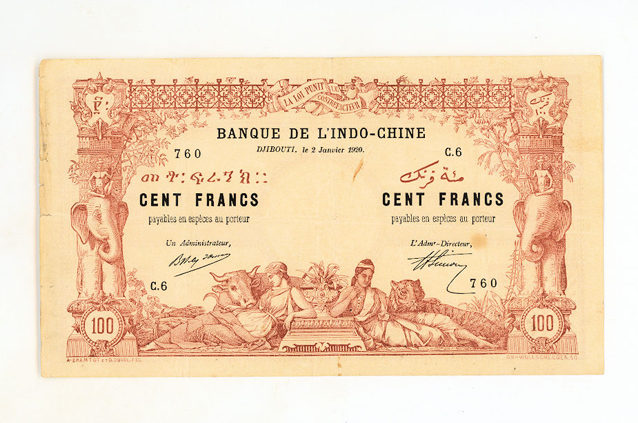 DJIBOUTI Banque de Lindo-Chine 100 Francs 1920 vf+