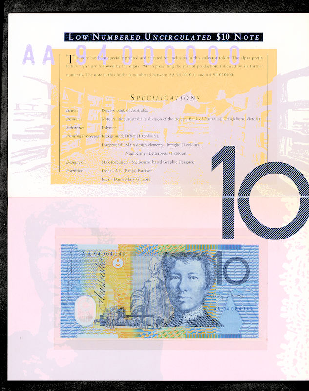 AUSTRALIA 10 Dollars 1994 portföyünde ve özel zarfinda, sertifikasiyla çil - UNC