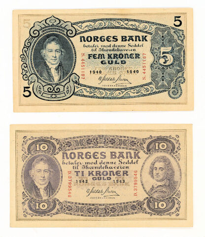 NORWAY Norveç 5 Kron 1940 & 10 Kron 1943 VF/EF+