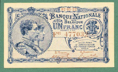 BELGIUM Belgique 1 Een Franc 1922 UNC - çil