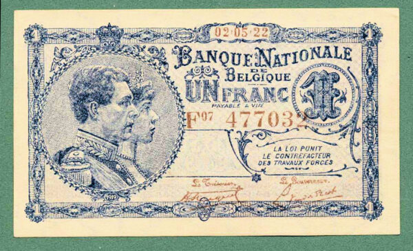 BELGIUM Belgique 1 Een Franc 1922 UNC - çil