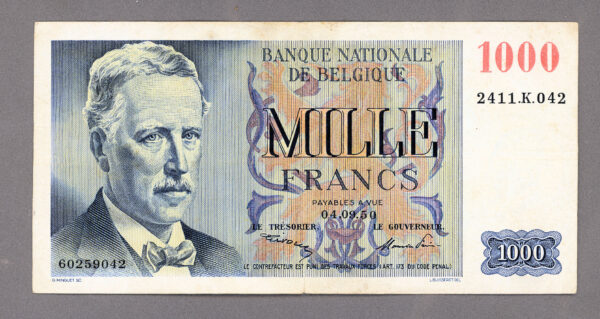BELGIUM Belgique 1000 Francs 1950 VF