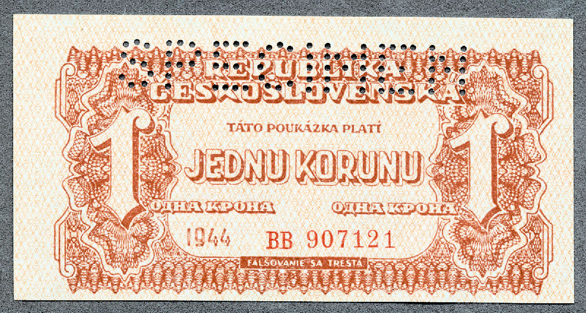 Çekoslavakya CZECHOSLOVAKIA 1 Korun 1944 Pick#45s SPECIMEN – UNC