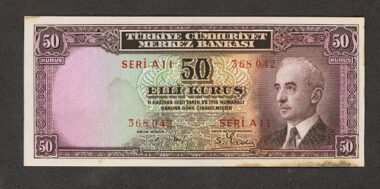 2. Emisyon 50 Kurus Pick#133 aUNC (serial A) *dalgalı çil, alt bordürde leke var