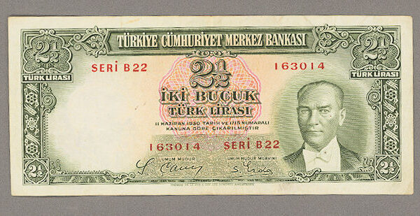 2. Emisyon 1. Tertip 2 buçuk Lira 1939-52 ATA Pick#126 *VF-çt *SATILDI - OUT OF STOCK