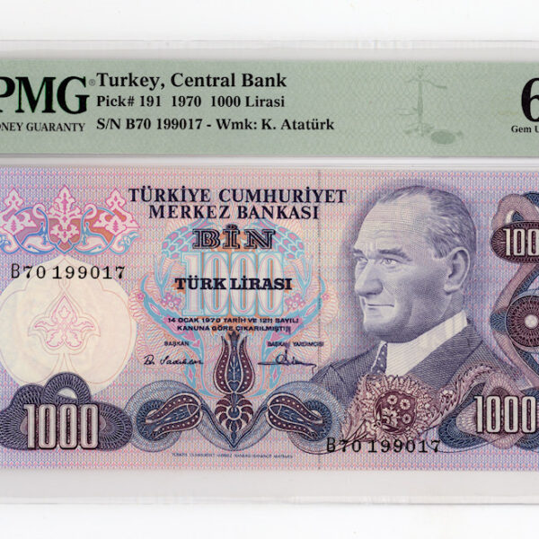 6. Emisyon 1000 Lira 1970 Pick #191 Serial B - PMG 66 EPQ - UNC *SATILDI - OUT OF STOCK