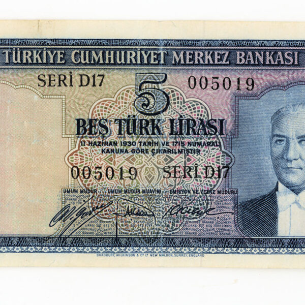 5. Emisyon 5 Lira 1952-68 -1. Tertip Pick # 154a VF - çt banknot
