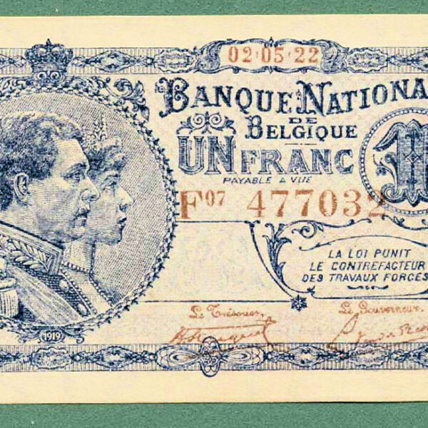 BELGIUM Belgique 1 Een Franc 1922 UNC - çil