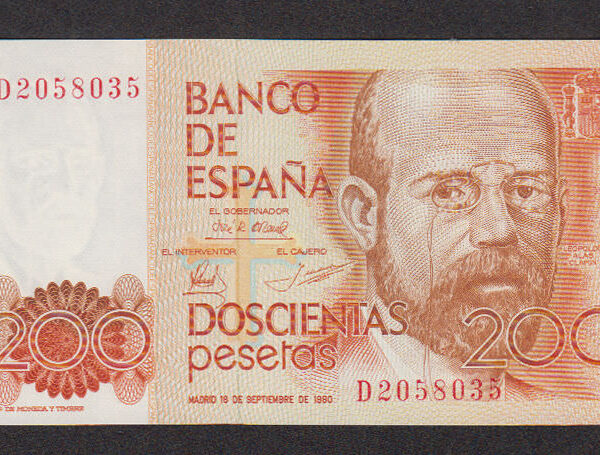 SPAIN Ispanya 200 Pecetas 1980 Pick#156 UNC *çil (with seial init) Seri harfi ile "D"