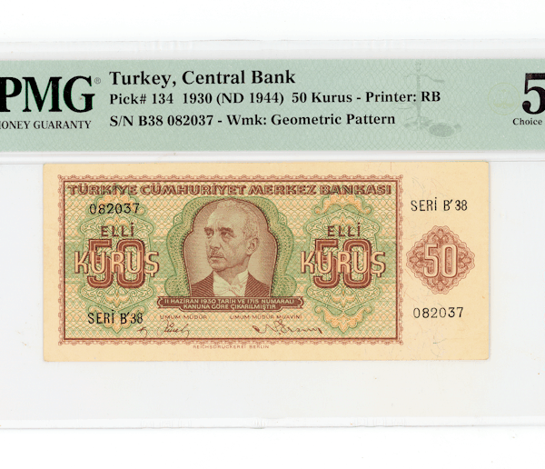 2. Emisyon 50 Kurus 1944-47 (Printed in Berlin) Pick#134 PMG 58 EPQ aUNC - çilatı