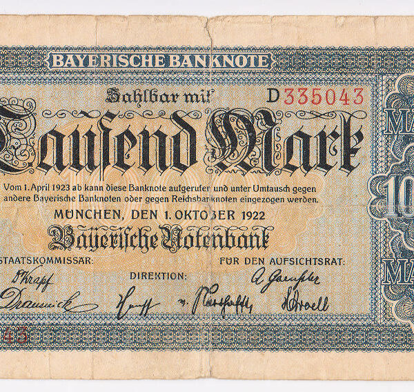 Deutschland ALMANYA 1000 Mark Bayern 1922 VF çt Banknot