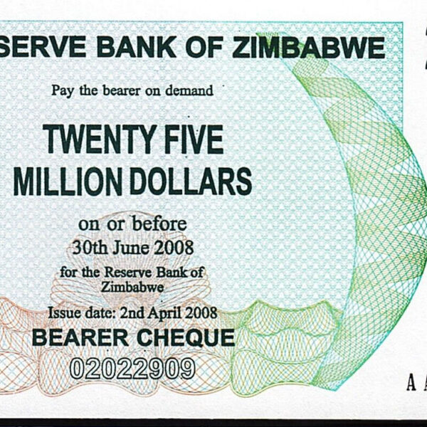 Zimbabwe 25 Million Dollars 2007 2008, UNC, P-56, Bearer Chq Banknot