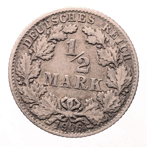 DEUTSCHLAND Almanya ½ Mark 1906 *Silver